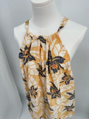 Tommy Bahama 100% Linen Yellow/Navy Floral Halter Top Coastal Island Resortwear
